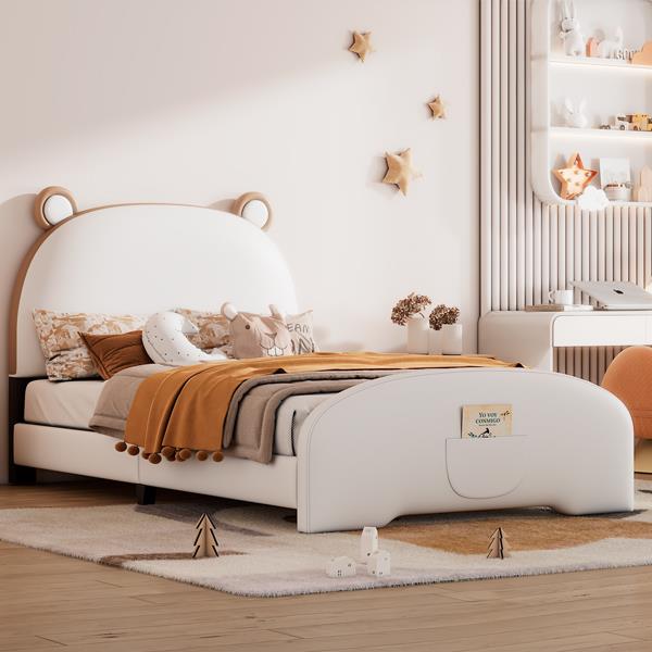 Twin Size Upholstered Platform Bed with Bear-shaped Headboard and Footboard,White+Brown