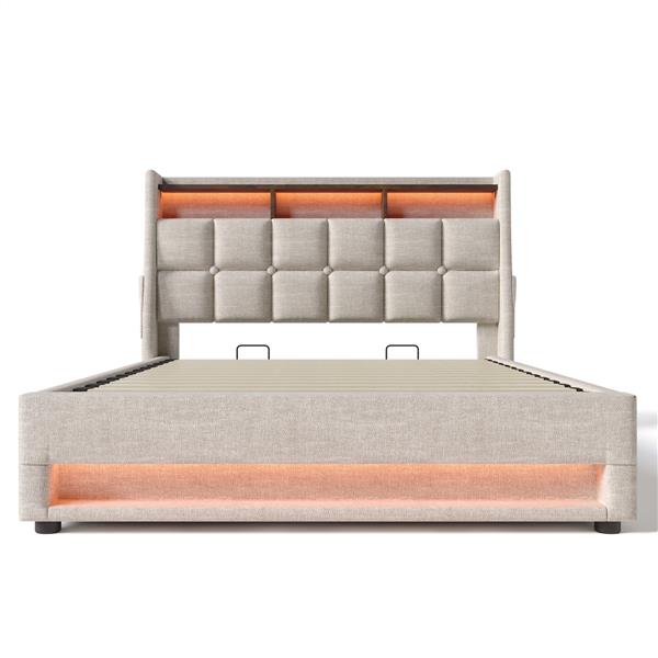 Full size Upholstered Platform bed with a Hydraulic Storage System, LED and USB Charging, Natural (without mattress)