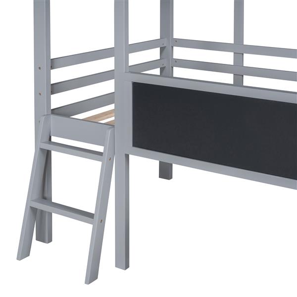 Twin Size Loft Bed with Ladder and Slide, House Bed with Blackboard and Light Strip on the Roof, Gray