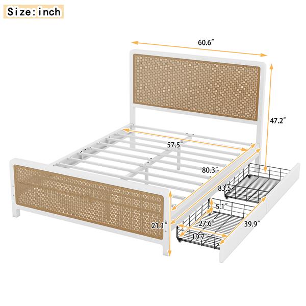 Queen Size Metal Platform Bed with 2 Drawers, White