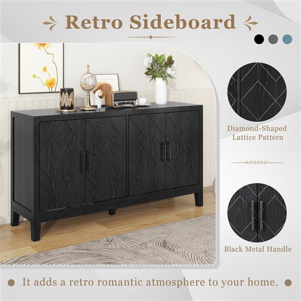 4-door Retro Sideboard with Adjustable Shelves, Two Large Cabinet with Long Handle, for Living Room and Dining Room (Black)