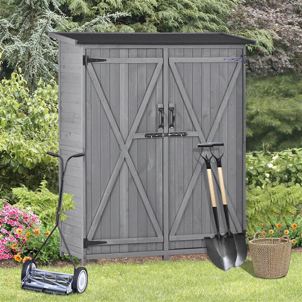 Outdoor 5.3ft Hx4.6ft L Wood Storage Shed Tool Organizer,Garden Shed, Storage Cabinet with Waterproof Asphalt Roof, Double Lockable Doors, 3-tier Shelves for Backyard, Gray