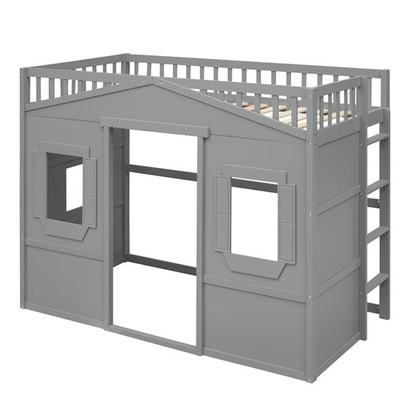 Twin Size House Loft Bed With Ladder-Gray