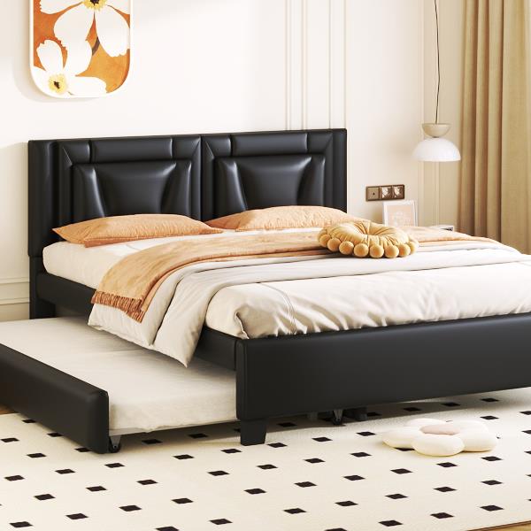 Queen Size Upholstered Platform Bed with Headboard and Twin Size Trundle, Black