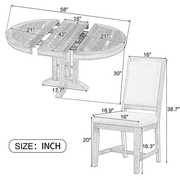 5-Piece Dining Set Extendable Round Table and 4 Upholstered Chairs Farmhouse Dining Set for Kitchen, Dining Room(Natural Wood Wash)