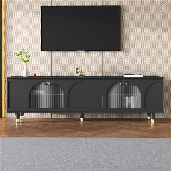 Contemporary TV Stand with Adjustable Shelves for TVs Up to 78'', Stylish Media Console with Gold Handles and Arch Fluted Glass Doors, Delicate Entertainment Center for Living Room, Black