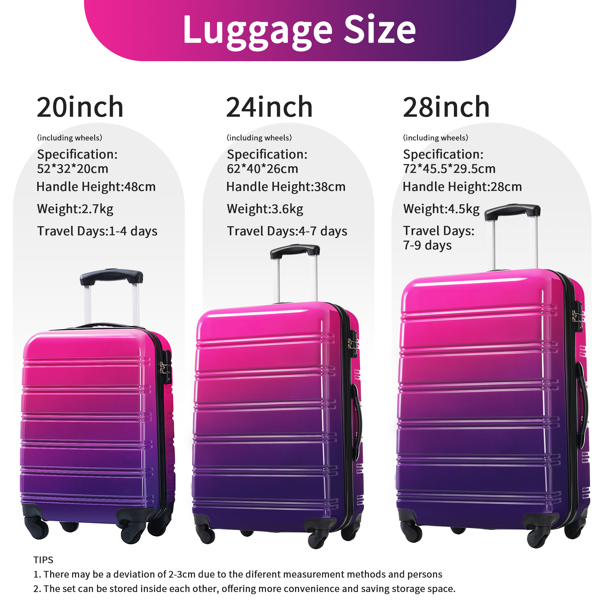 Hardshell Luggage Sets 3 Piece Gradient Color Expandable Suitcase with Spinner Wheels and TSA Lock Lightweight 20" 24" 28" Available,Pink and Yellow 