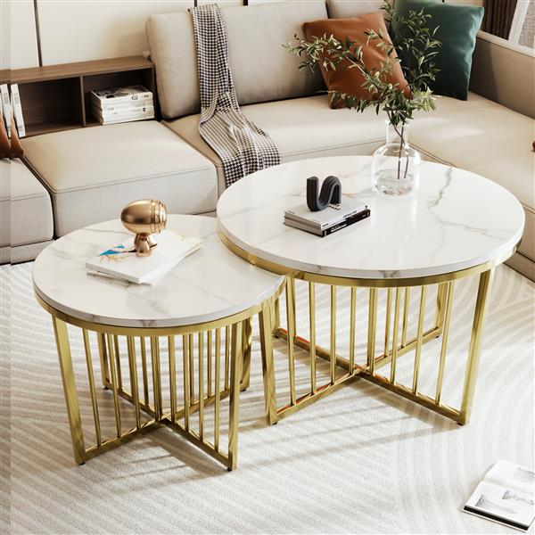 Modern Round Nesting Coffee Table Set 2-Piece White & Marbling Top Gold Base