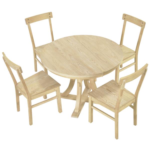 5-Piece Rustic Round Pedestal Extendable Dining Table Set with 15.7" Removable Leaf and Simple Dining Chirs for Small Places, Natural