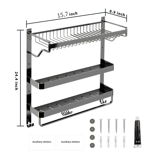 Triple Tier Towel Rack Wall Mounted with Large Storage Basket Dual Floating Shelves 16" Rod Bars 7 Hooks,Towel Holder Organizer for Hotel, Lavatory,Bathroom, Restroom