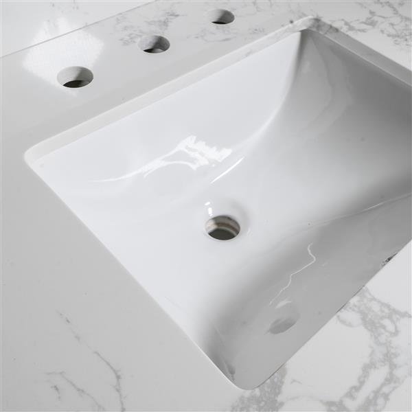 43x22 bathroom stone vanity top  engineered stone carrara white marble color with rectangle undermount ceramic sink and  3 faucet hole with back splash .