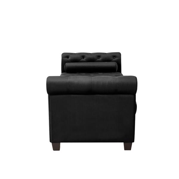 Black,  Solid Wood Legs Velvet Rectangular Sofa Bench with Attached Cylindrical Pillows 