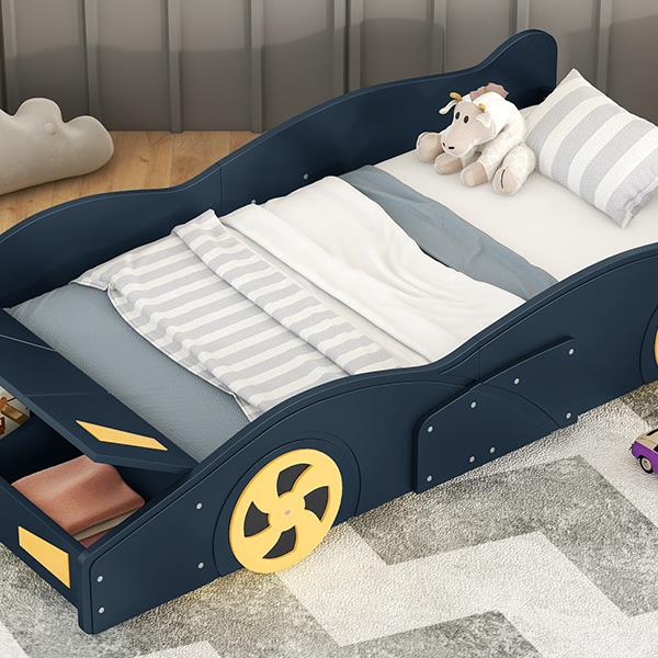 Twin Size Race Car-Shaped Platform Bed with Wheels and Storage, Dark Blue+Yellow