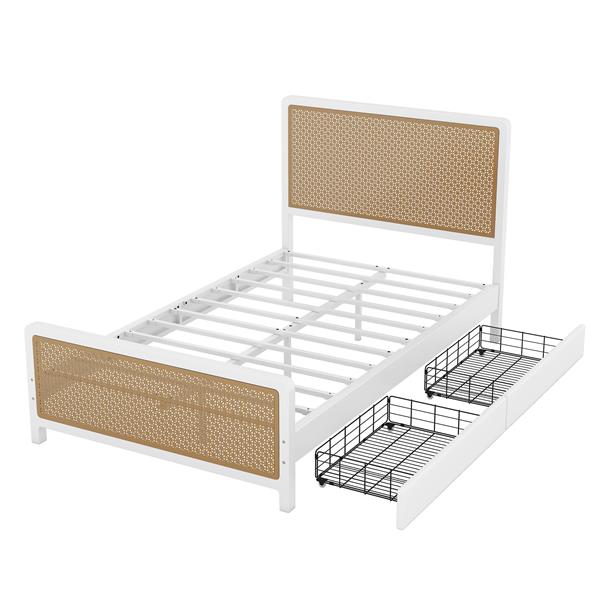 Full Size Metal Platform Bed with 2 Drawers, White