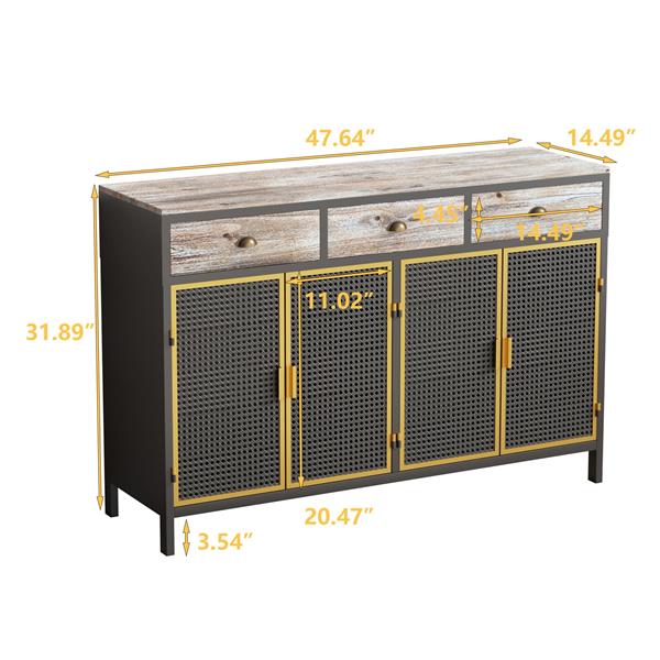 48" Wide  4 Doors Modern Sideboard with 3 Top Drawers,  Sideboard Storage Cabinet Entryway Floor Cabinet for Living Room Office Bedroom