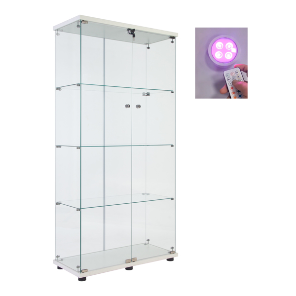 Lighted Two Door Glass Cabinet Glass Display Cabinet with 4 Shelves, White