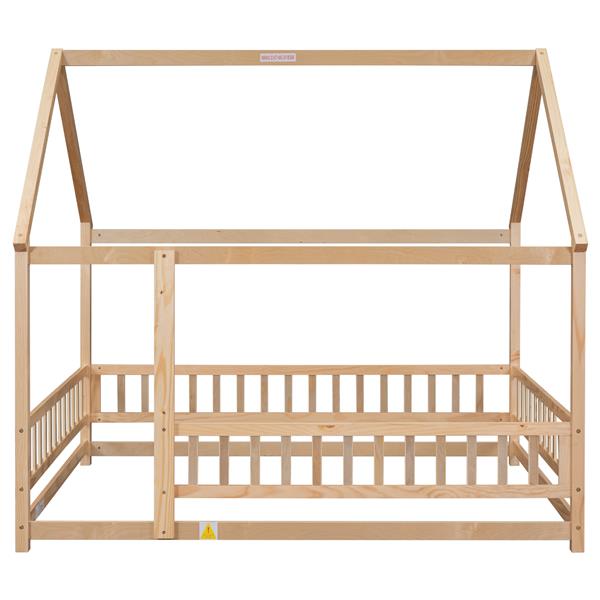 Full Size Floor Wooden Bed with House Roof Frame, Fence Guardrails ,Natural