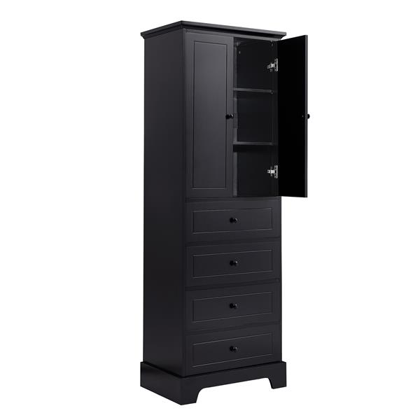 Storage Cabinet with 2 Doors and 4 Drawers for Bathroom, Office, Adjustable Shelf, MDF Board with Painted Finish, Black