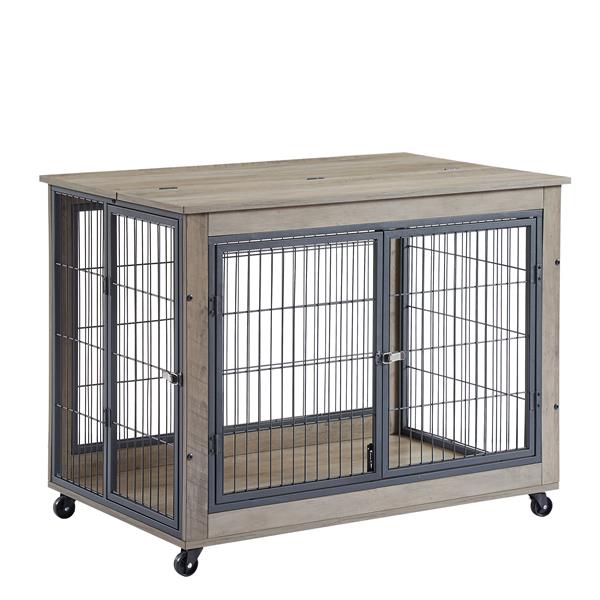 Furniture Style Dog Crate Side Table on Wheels with Double Doors and Lift Top.Grey,38.58''w x 25.5''d x 27.36''h.