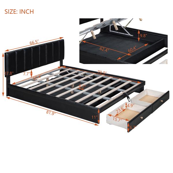 Queen Size Upholstered Bed with Hydraulic Storage System and Drawer, Black