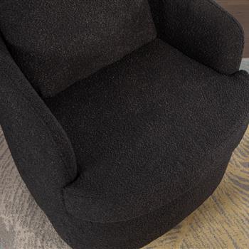 035-Boucle Fabric Swivel Chair With Soild Wood Round Brown Base Leg,Black