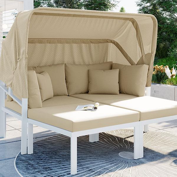 3-Piece Patio Daybed with Retractable Canopy Outdoor Metal Sectional Sofa Set Sun Lounger with Cushions for Backyard, Porch, Poolside, Beige