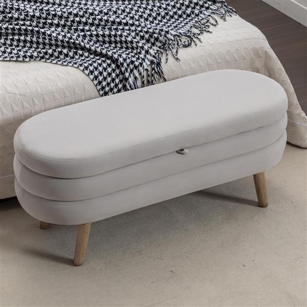 036-Velvet Fabric Storage Bench Bedroom Bench With Wood Legs For Living Room Bedroom Indoor,Light Gray