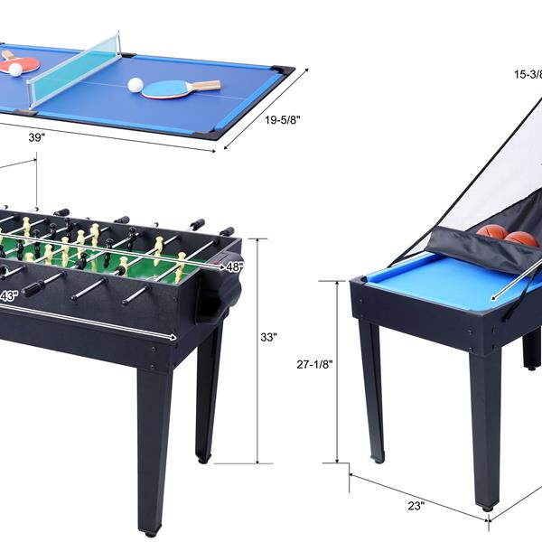 5-in-1 Multi-Game Table - Billiards, Push Hockey, Foosball, Ping Pong, and Basketball black/blue