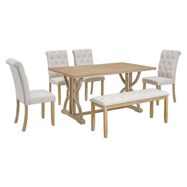 6-Piece Retro Rectangular Dining Table Set, Table with Unique Legs and 4 Upholstered Chairs & 1 Bench for Dining Room and Kitchen (Natural Wood Wash)