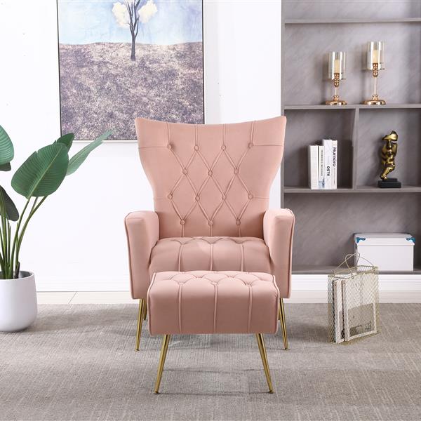 Modern Accent Chair with Ottoman,  Comfy  Armchair for Living Room, Bedroom, Apartment, Office (Pink)