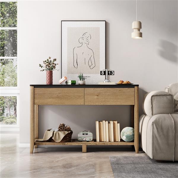 47 Inch Modern Farmhouse Double Drawers Console Table for Living Room or Entryway, Tobacco Wood and Black Marble Texture