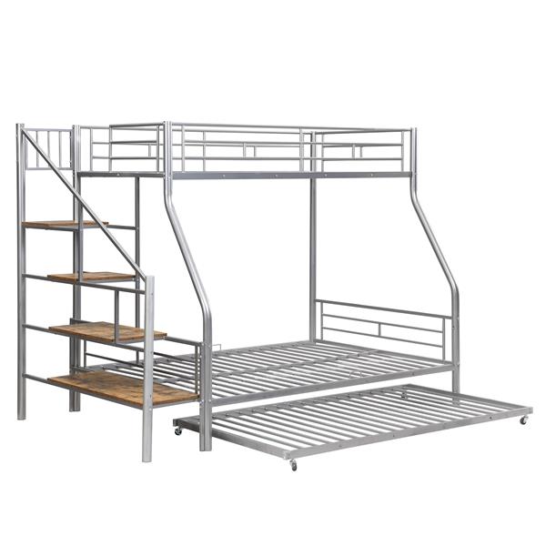 Twin over Full Size Metal Bunk Bed with Trundle and Storage Staircase, Silver