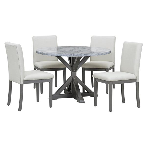 5-Piece Farmhouse Style Dining Table Set, Marble Sticker and Cross Bracket Pedestal Dining Table, and 4 Upholstered Chairs (White+Gray)