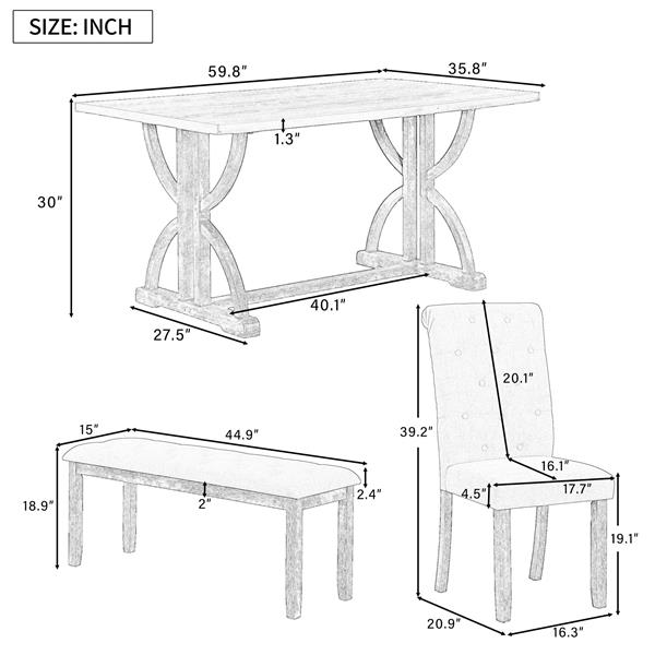 6-Piece Retro Rectangular Dining Table Set, Table with Unique Legs and 4 Upholstered Chairs & 1 Bench for Dining Room and Kitchen (Natural Wood Wash)