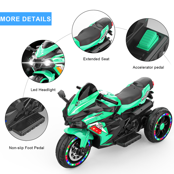 Electric Motorcycle for Kids, 12V Battery Powered Ride on Toys 3 Wheels Motorcycle with LED Lights, Bluetooth Music, Green (No shipping on weekends) (Temu, Walmart Amazon prohibited)