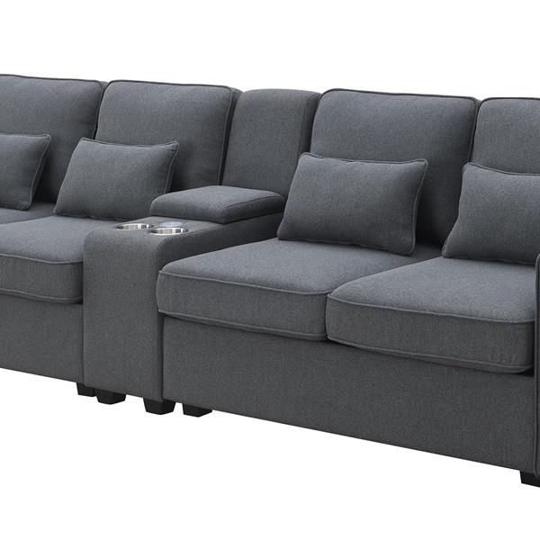 [VIDEO provided] [New] 114.2" Upholstered Sofa with Console, 2 Cupholders and 2 USB Ports Wired or Wirelessly Charged, Modern Linen Fabric Couches with 4 Pillows for Living Room, Apartment (4-Seat)