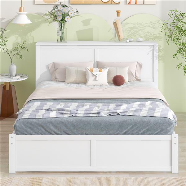 Queen Size Storage Platform Bed with Pull Out Shelves and Twin  XL Size Trundle, White