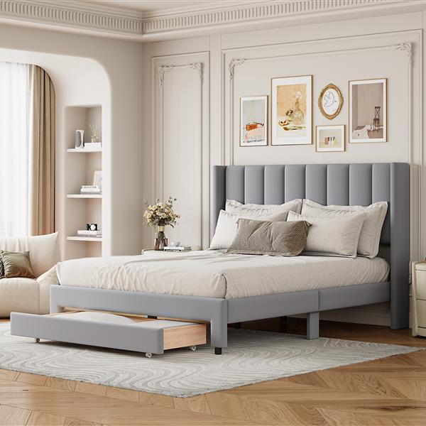 Full Size Storage Bed Velvet Upholstered Platform Bed with a Big Drawer - Gray