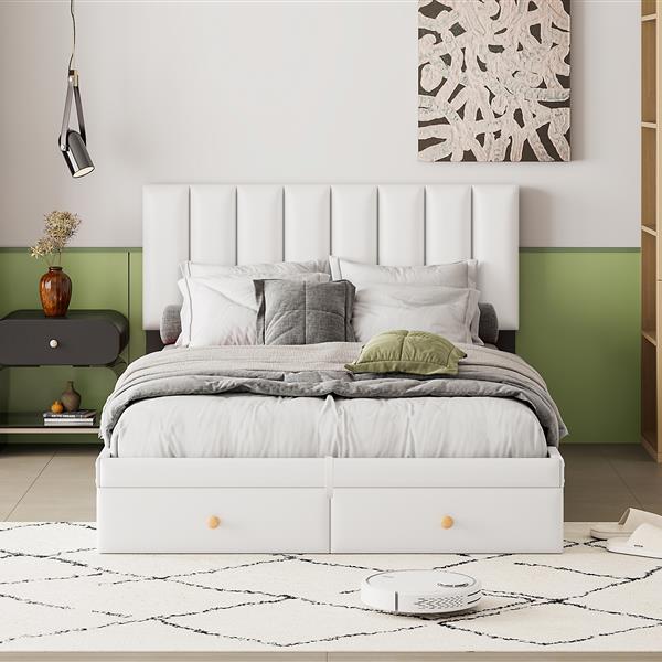 Full Size Upholstered Bed with Hydraulic Storage System and Drawer, White