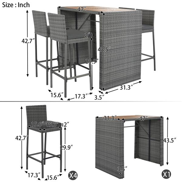 5-pieces Outdoor Patio Wicker Bar Set, Bar Height Chairs With Non-Slip Feet And Fixed Rope, Removable Cushion, Acacia Wood Table Top, Brown Wood And Gray Wicker