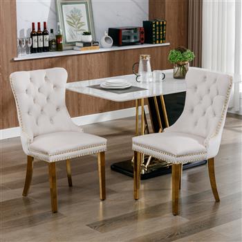 Furniture,Modern, High-end Tufted Solid Wood Contemporary Velvet Upholstered Dining Chair with Golden Stainless Steel Plating Legs,Nailhead Trim,Set of 2,Beige and Gold