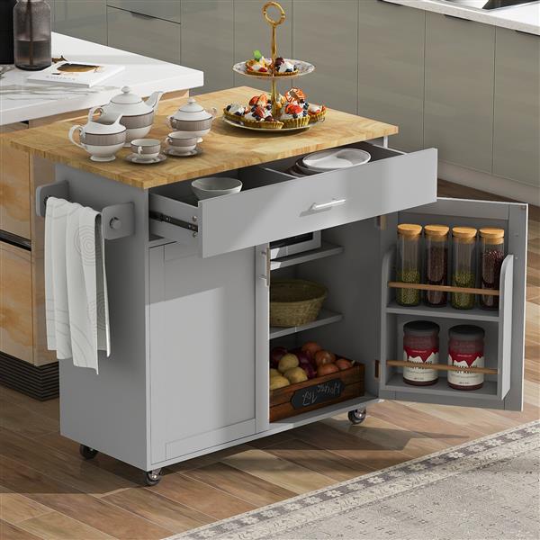 K&K Rolling Kitchen Island with Storage, Kitchen Cart with Rubber Wood Top, Spacious Drawer with Divider and Internal Storage Rack, Kitchen Island on Wheels with Adjustable Shelf Tower Rack, Grey