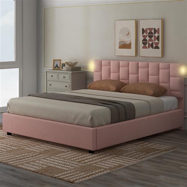 Queen Size Upholstered Platform bed with Height-adjustable Headboard and Under-bed Storage Space,Pink