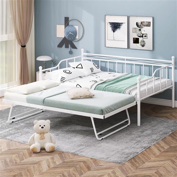 Full Size Metal Daybed with Twin Size Adjustable Trundle, Portable Folding Trundle, White