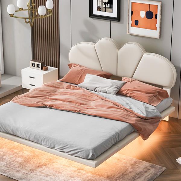 Full Size Upholstery LED Floating Bed with PU Leather Headboard and Support Legs,Beige