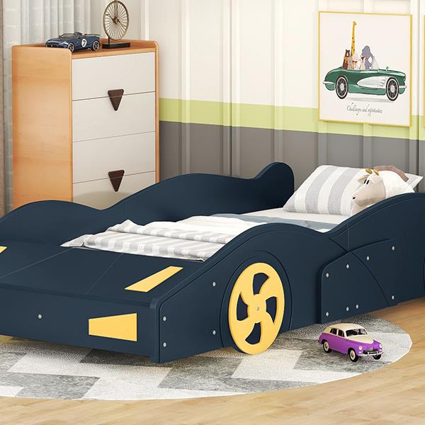 Twin Size Race Car-Shaped Platform Bed with Wheels and Storage, Dark Blue+Yellow