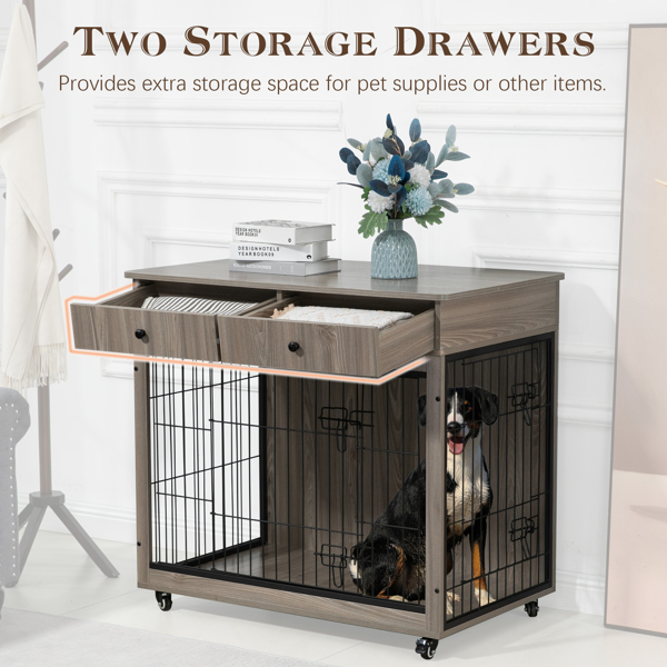  38.4" Wooden Dog Crate Furniture Decorative Pet Cage Dog Kennel with 2 Drawers