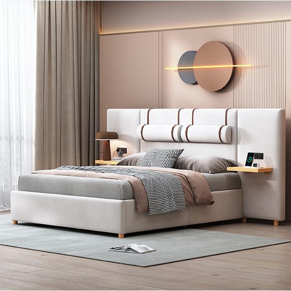 Queen Size Upholstered Platform Bed, Two Outlets and USB Charging Ports on Both Sides, Two Bedside Pillows, Storage Shelves, Beige