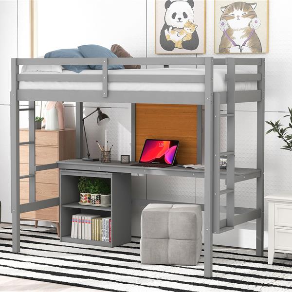 Twin size Loft Bed with Desk and Writing Board, Wooden Loft Bed with Desk & 2 Drawers Cabinet- Gray