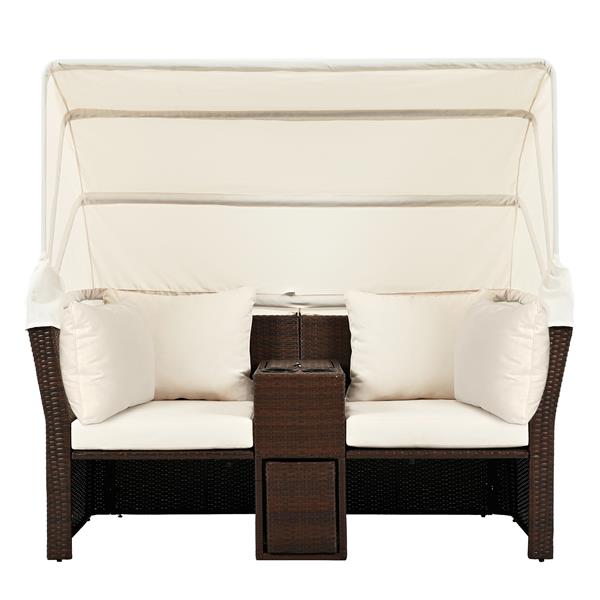 2-Seater Outdoor Patio Daybed Outdoor Double Daybed Outdoor Loveseat Sofa Set with Foldable Awning and Cushions for Garden, Balcony, Poolside, Beige